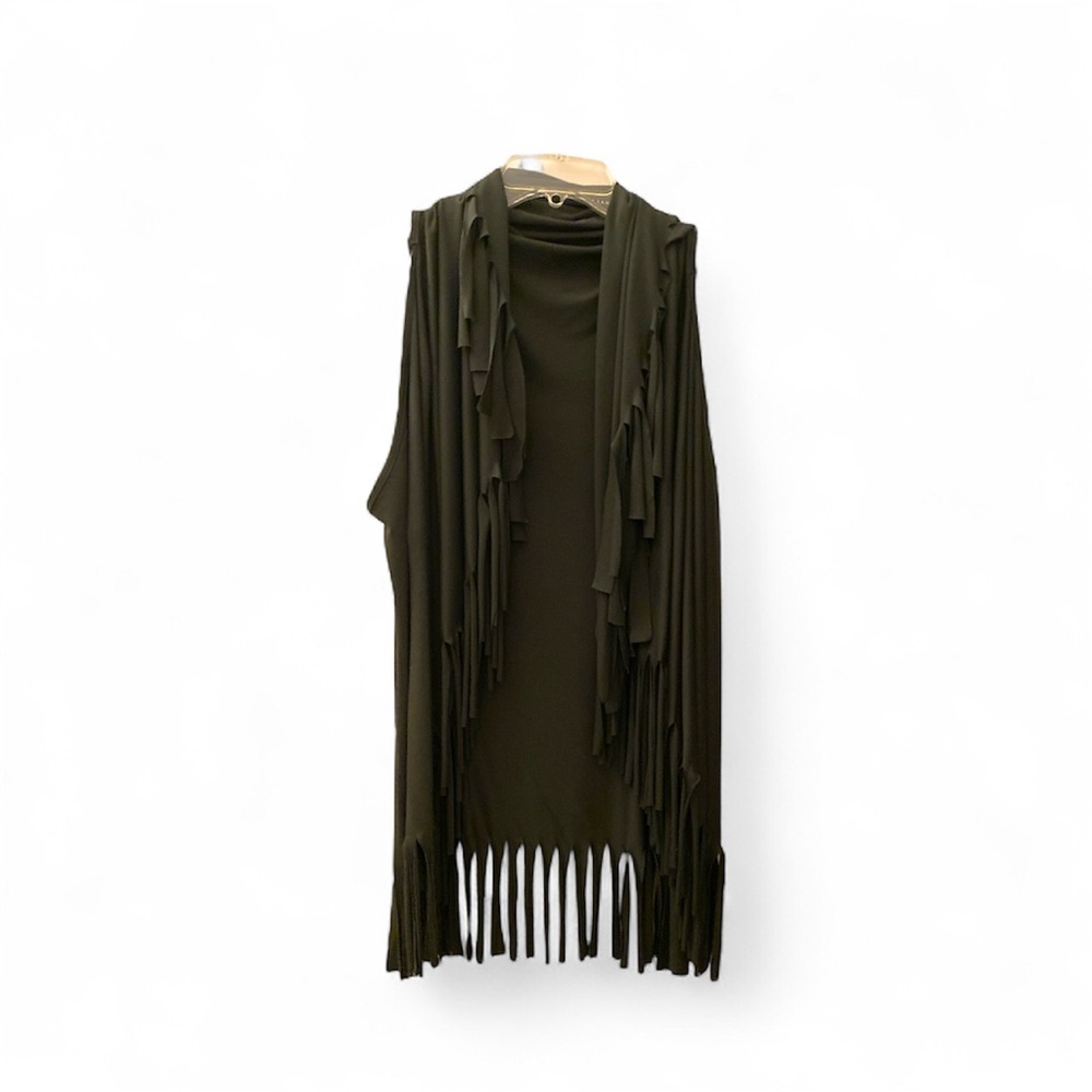 Olive Green Sleeveless Fringe Poncho